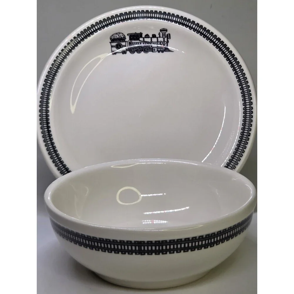 Homer Laughlin Fishs Eddy Hamburger Chu Chu Train Pattern Plate & Bowl Rare Set